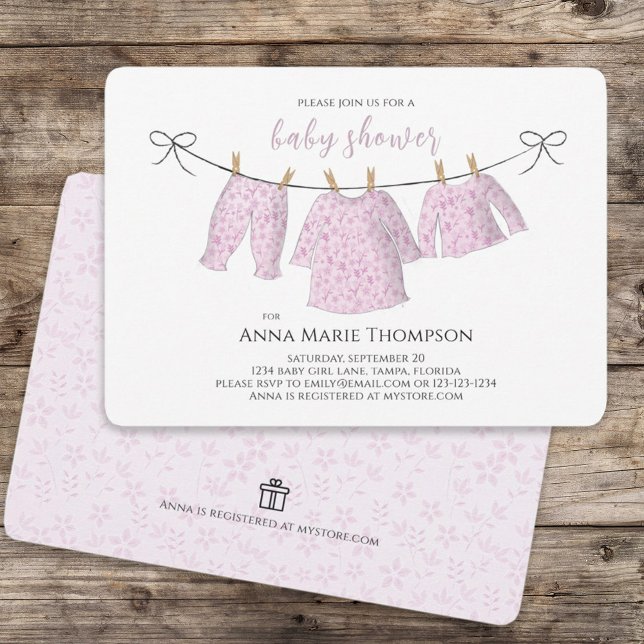 Invitation Fille mignonne rose bébé Clothesline Baby shower d (Créateur téléchargé)