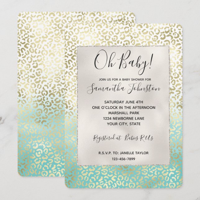 Invitation Fille Mint Aquarelle Ombre Empreinte de léopard Or (Devant / Derrière)