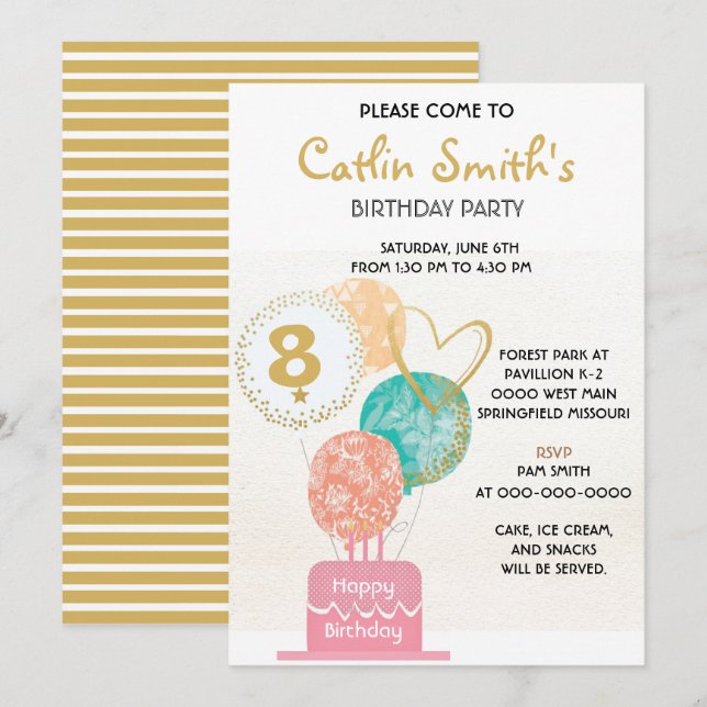 Invitation Fille moderne Gold Balloons Anniversaire de enfant (Devant / Derrière)