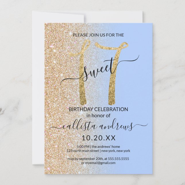 Invitation Fille moderne Parties scintillant bleue or Ombre S (Devant)