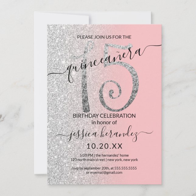 Invitation Fille moderne Parties scintillant rose argent Ombr (Devant)