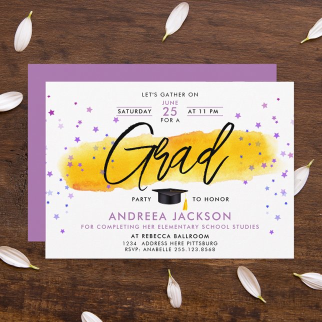 Invitation Fille moderne rose étoiles Jaune Aquarelle graduée (Créateur téléchargé)