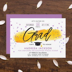 Invitation Fille moderne rose étoiles Jaune Aquarelle graduée