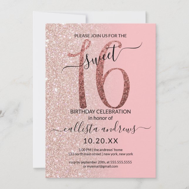 Invitation Fille moderne rose rose Parties scintillant or Omb (Devant)