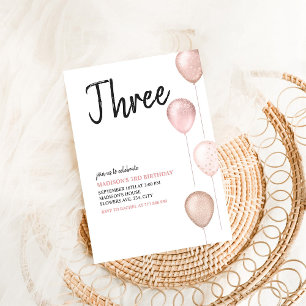 Invitation Fille Moderne Simple 3ème Ballons Rose Anniversair