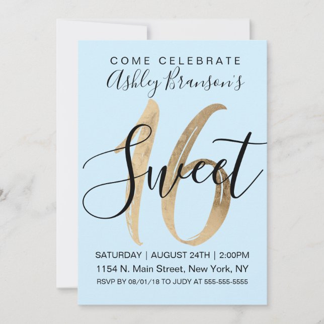 Invitation Fille Monnaie Bleue Faux Or Foil Douce 16 (Devant)