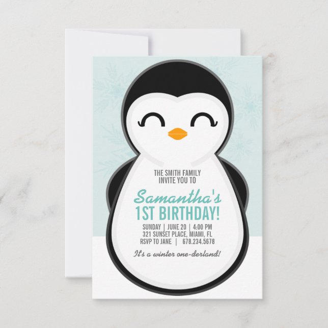 Invitation fille N'IMPORTE QUEL ÂGE hiver PENGUIN ANNIVERSAIR (Devant)