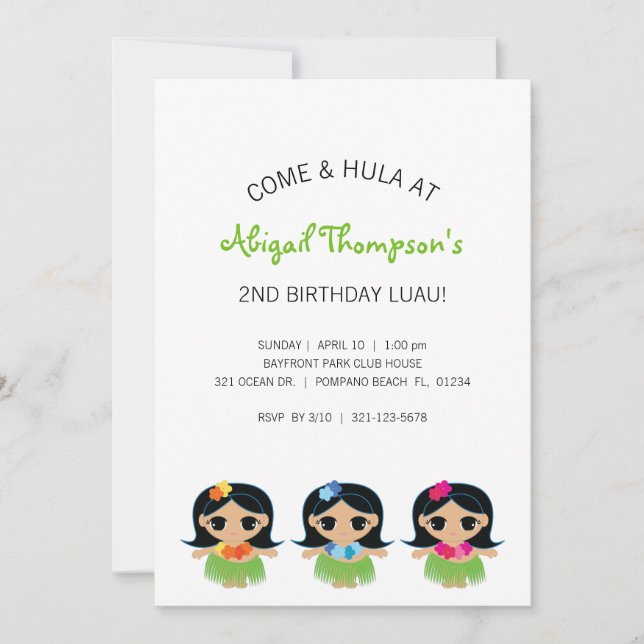 Invitation fille N'IMPORTE QUEL ÂGE hula sweetie ANNIVERSAIRE (Devant)