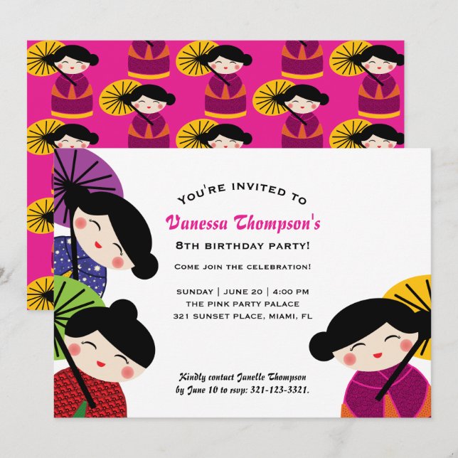 Invitation fille N'IMPORTE QUEL ÂGE mignon KOKESHI DOLL fête  (Devant / Derrière)