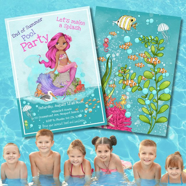 Invitation Fille Noir rose cheveux sirène de piscine d'été fê (Créateur téléchargé)