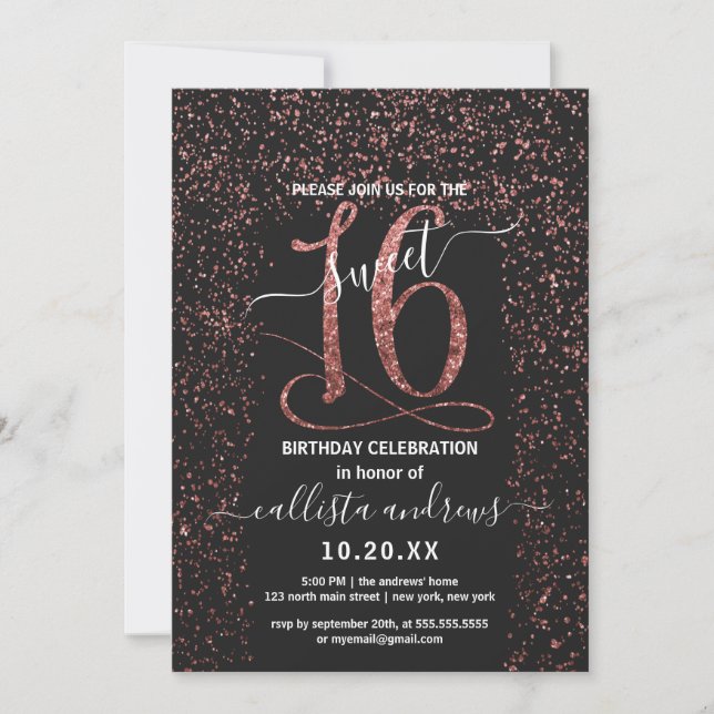 Invitation Fille Noir Rose Or Confetti Bordure Sweet 16 (Devant)
