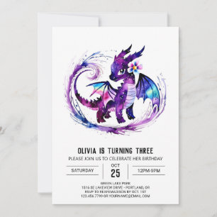 Invitation Fille numérique de dragon coloré éditable Annivers