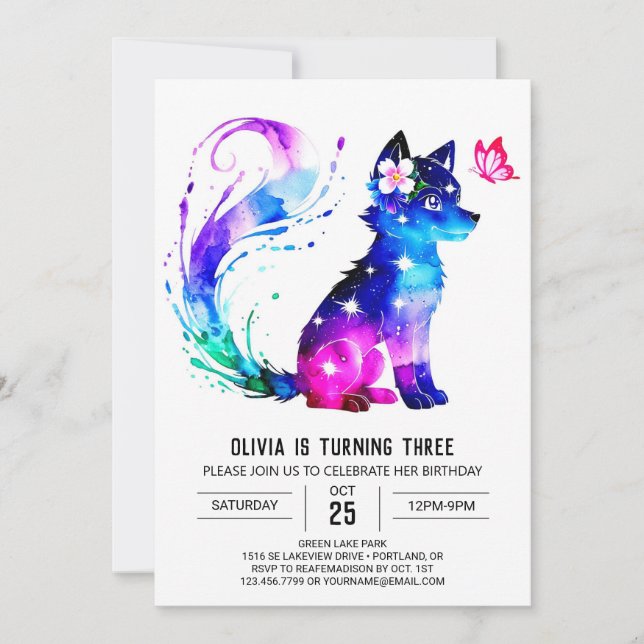 Invitation Fille numérique Wolf coloré modifiable Anniversair (Devant)