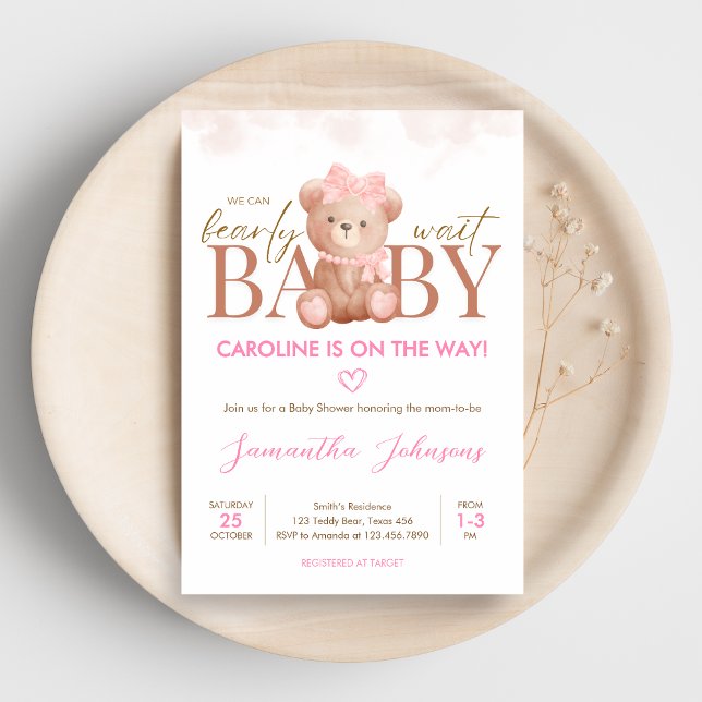 Invitation Fille on peut attendre Baby shower (We Can Bearly Wait Pink Bear Baby Shower Invitation)