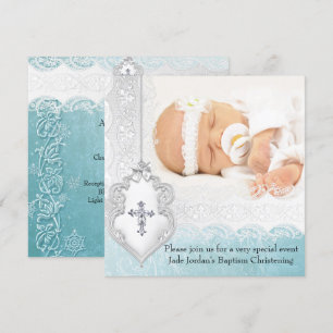 Invitation Fille ou garçon Baptême Turquoise blanc dentelle C