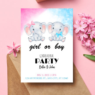 Invitation Fille ou garçon bébé éléphant Genre Reveillez Invi