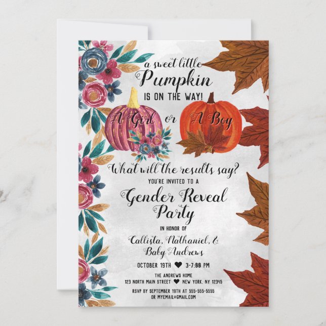 Invitation Fille ou garçon Citrouille d'automne Fête de révél (Devant)