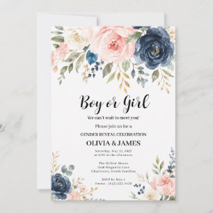 Invitation Fille ou Garçon Floral Rose Pâle et Bleu Marine An