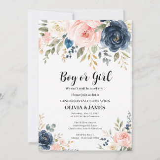 Invitation Fille ou Garçon Floral Rose Pâle et Bleu Marine An