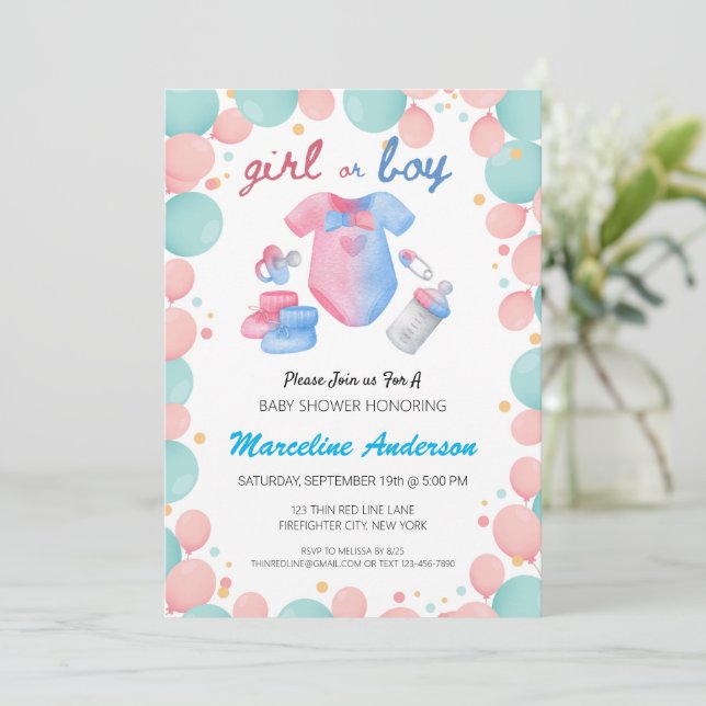 Invitation Fille ou garçon Mint et rose Retro Genre Révéler (Debout devant)