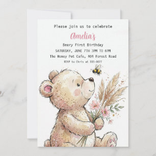 Invitation Fille ours aquarelle douce Anniversaire