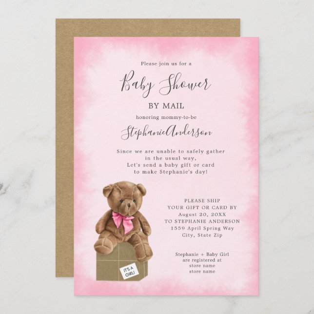 Invitation Fille ours Baby shower par courrier (Devant / Derrière)