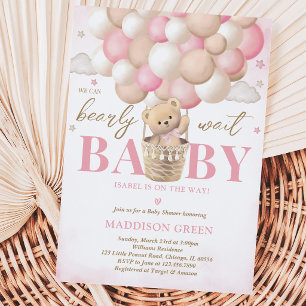 Invitation Fille ours en montgolfière rose Baby Shower