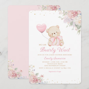 Invitation Fille Ourson Bohème Rose à peine attendre Baby Sho