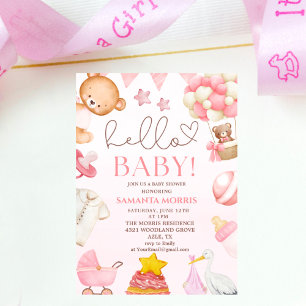 Invitation fille ourson rose aquarelle drôle baby shower