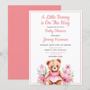 Invitation Fille Ourson Rose Aquarelle Fête Prénatale Florale