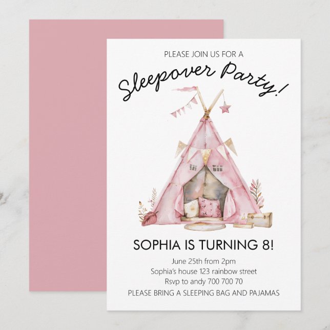 Invitation Fille Pajama Party Glamping Tente Slepover Anniver (Devant / Derrière)