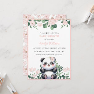 Invitation Fille Panda Mignonne Verdure Fleur Rose Baby Showe