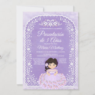 Invitation Fille Papel Picado Violet Présentation de 3 Ans