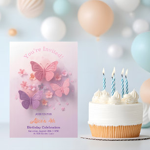 Invitation Fille Papillon 3D Anniversaire Rose Violet