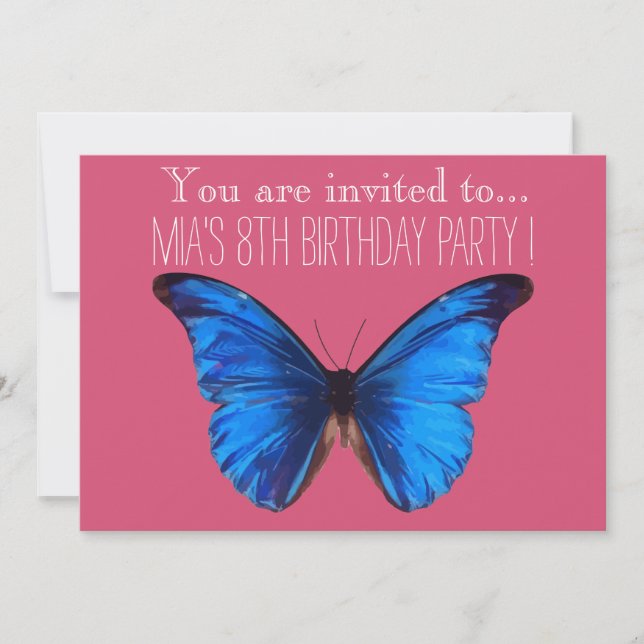 Invitation Fille papillon bleu ou entre fête d'anniversaire (Devant)
