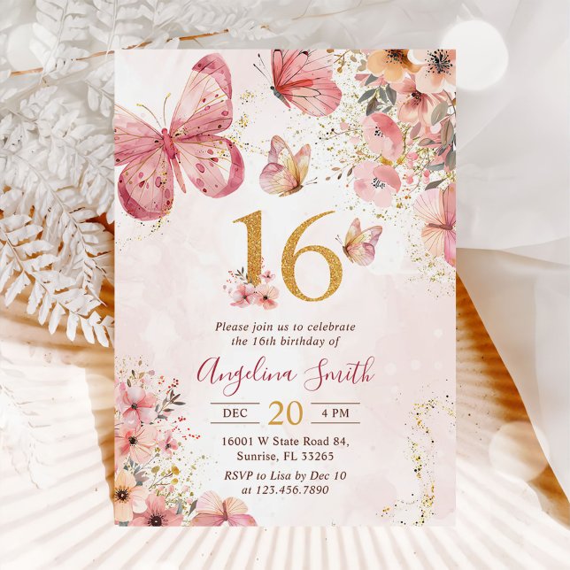 Invitation Fille papillon rose floral 16e fête d'anniversaire (Créateur téléchargé)