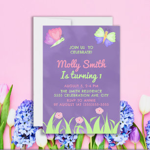 Invitation Fille Papillons Rose Violet 1er Anniversaire