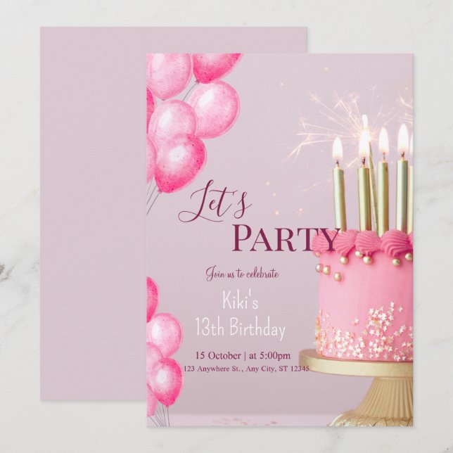 Invitation fille parties scintillant rose mignon anniversaire (Devant / Derrière)