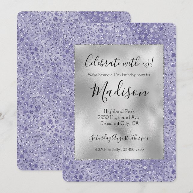 Invitation Fille Parties scintillant violet Empreinte de léop (Devant / Derrière)