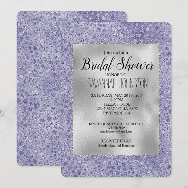 Invitation Fille Parties scintillant violet Empreinte de léop (Devant / Derrière)