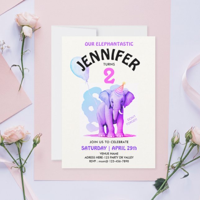 Invitation Fille Pastel Elephant Aquarelle fête d'anniversair (Créateur téléchargé)