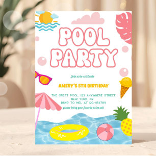 Invitation Fille Pastel Rose Fête au Bord de la Piscine en Ét