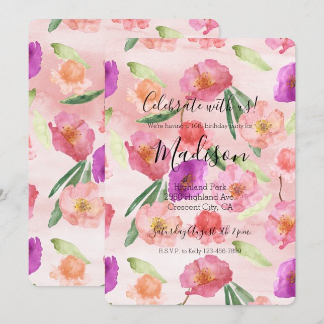 Invitation Fille Peach rose violet aquarelle Florale (Devant / Derrière)