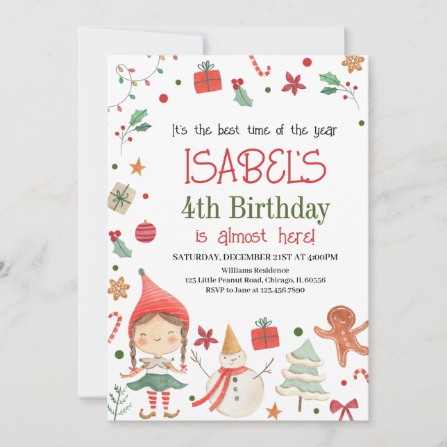Invitation Fille Père Noël Elf Anniversaire (Devant)