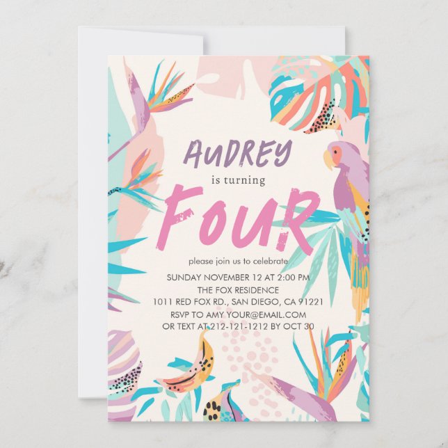 Invitation Fille perroquet feuille tropicale colorée Annivers (Devant)
