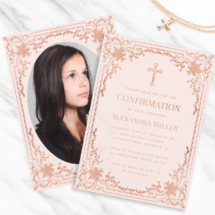 Invitation Fille Photo Confirmation Rose Rose Gold Élégant