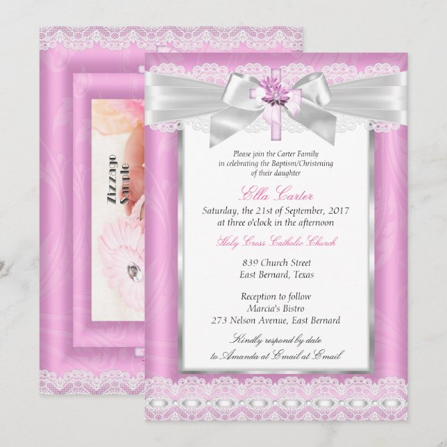 Invitation Fille Photo Croix rose florale Baptême Christening (Devant / Derrière)