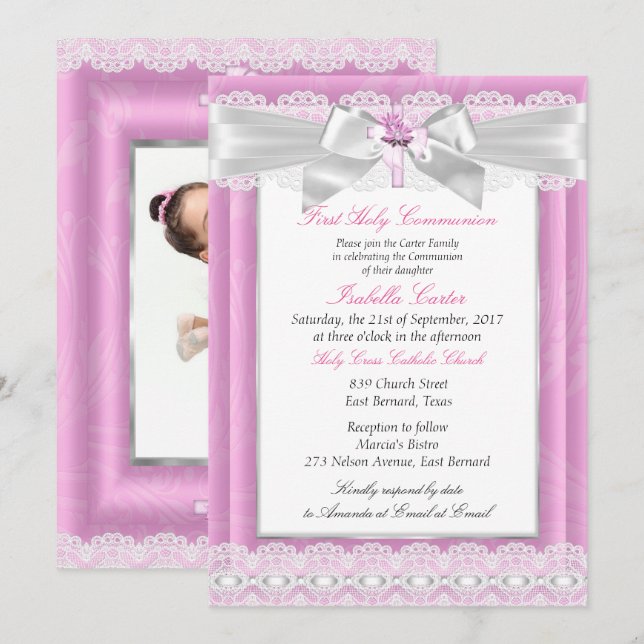 Invitation Fille Photo Croix rose Florale Première communion  (Devant / Derrière)