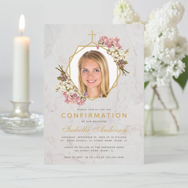 Invitation Fille Photo de confirmation Marbre doré Orchidées  (Créateur téléchargé)