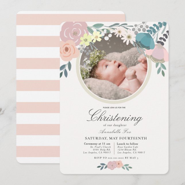 Invitation Fille photo rose florale Christening (Devant / Derrière)